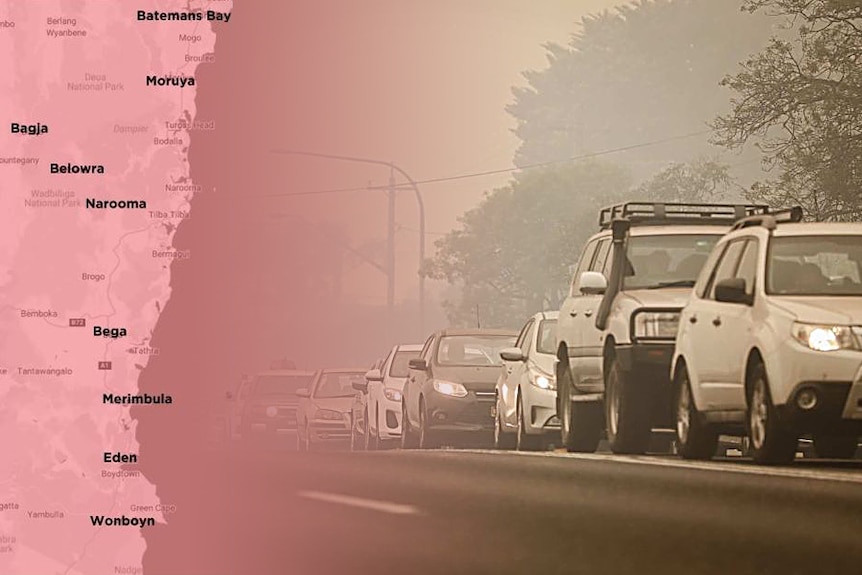A composite of the NSW South Coast and cars banked up along a smoky road.