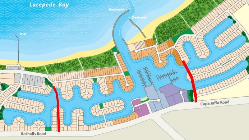 A map of a marina with two roads in red