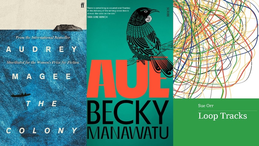 3 book covers in a row (names in caption): a small boat on blue sea, black bird on green background, multicoloured spirals