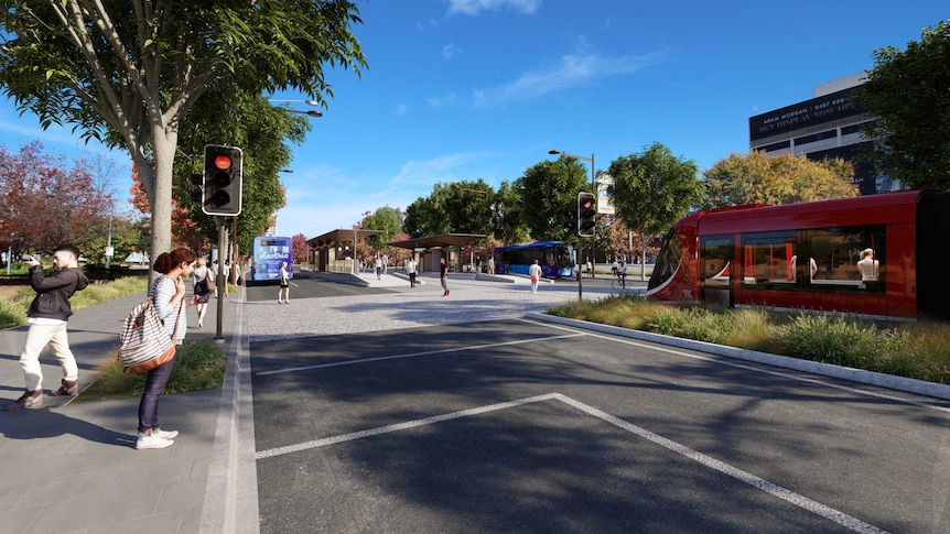 An artist's impression shows a light rail vehicle stopped at a traffic light in Woden.