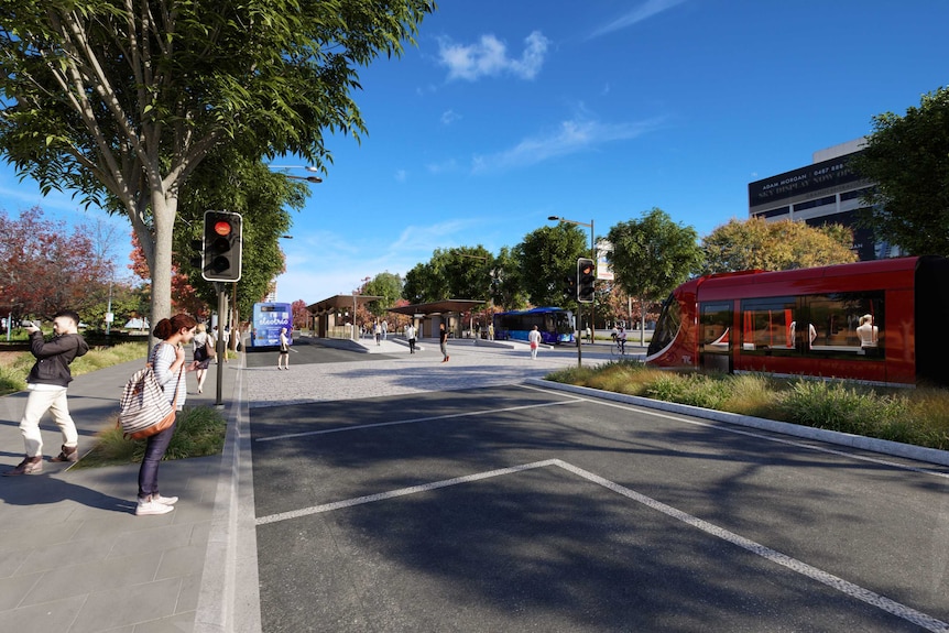 An artist's impression shows a light rail vehicle stopped at a traffic light in Woden.