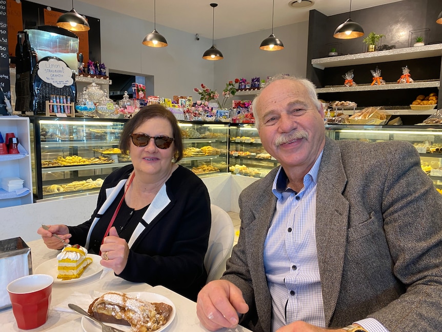 Steph's mum and dad enjoy some sweet treats at patisserie in Sydney.