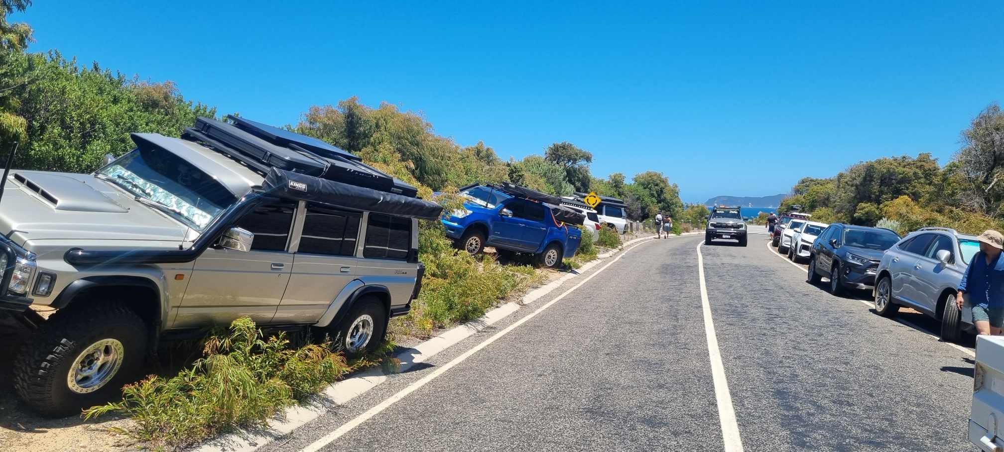 Carros estacionados na vegetação à beira da estrada.