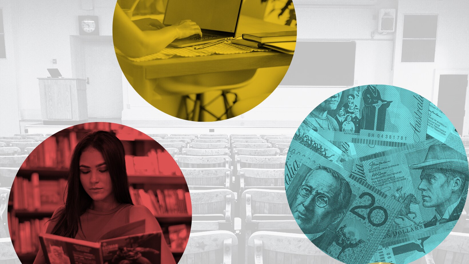 A graphic showing various colourful bubbles imposed over an image of a classroom.