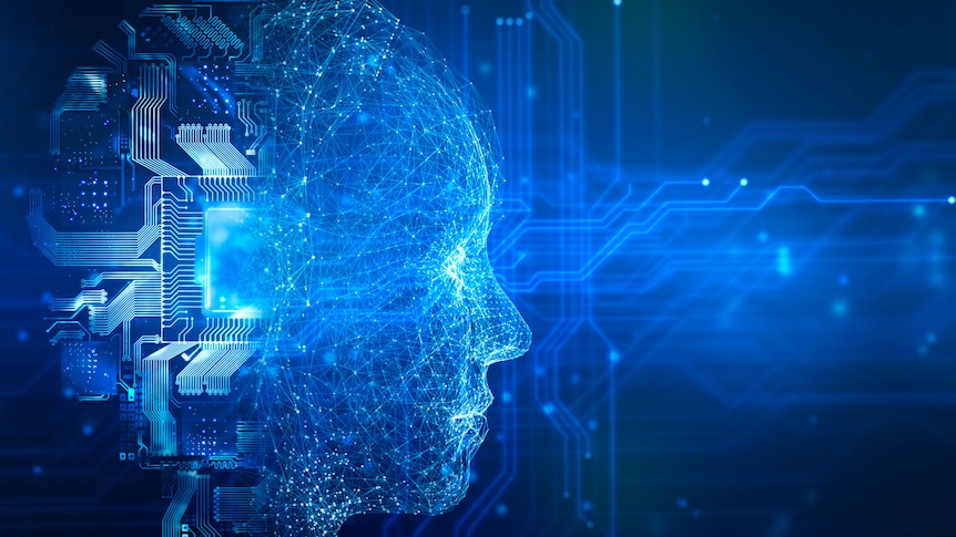 Graphic showing the merging of a human head and electronic circuits