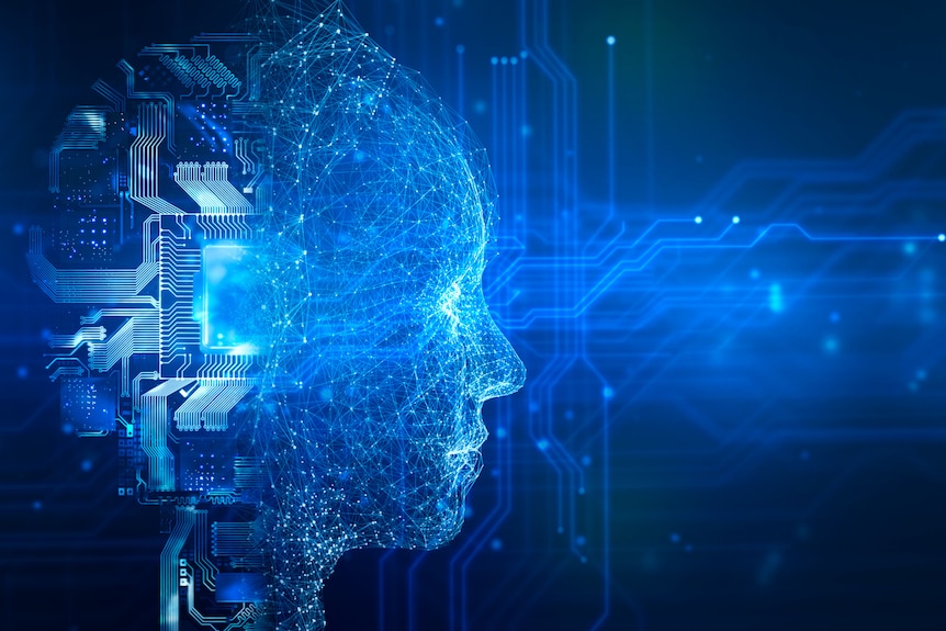 Graphic showing the merging of a human head and electronic circuits