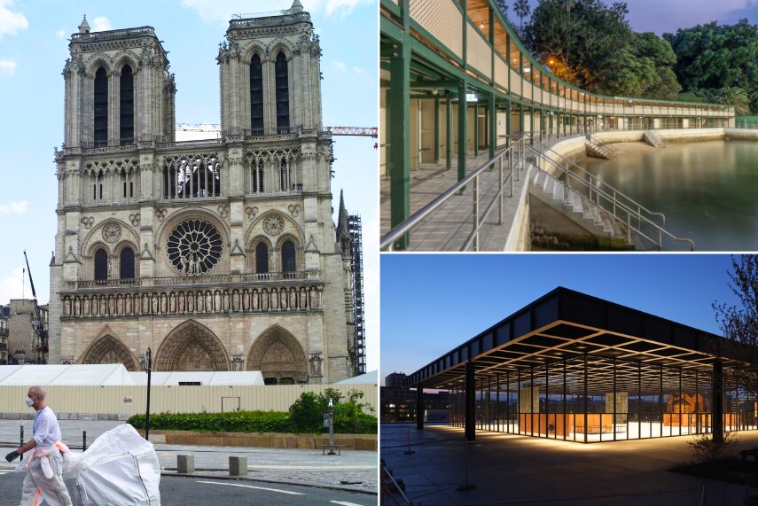 A composite image of Notre Dame on the left, tidal pools on the top right and a gallery after restoration bottom right