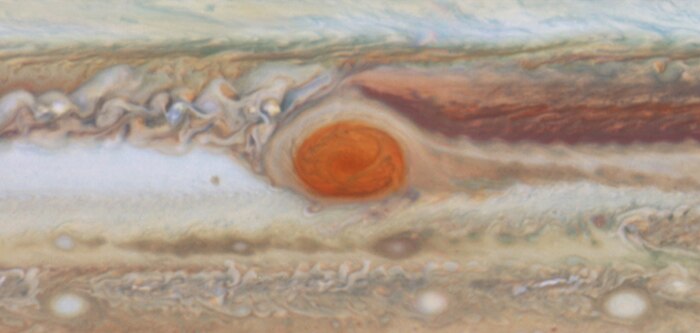 Jupiter's Great Red Spot as it appears on the surface through optical telescopes.