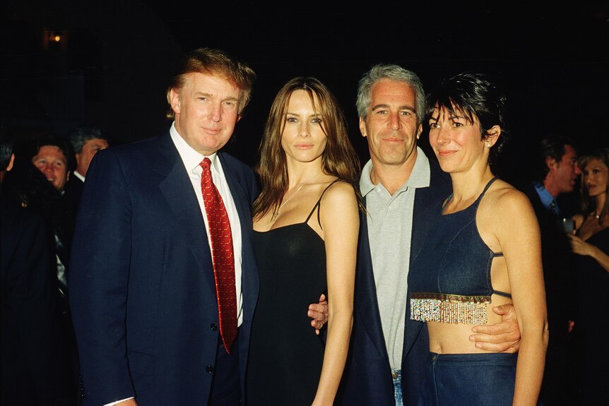 Donald Trump with his hand around Melania Trump stands next to Jeffrey Epstein and Ghislaine Maxwell