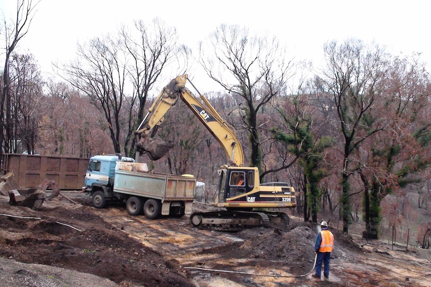 A charred landscape with a digger and a dumptrick in the foreground