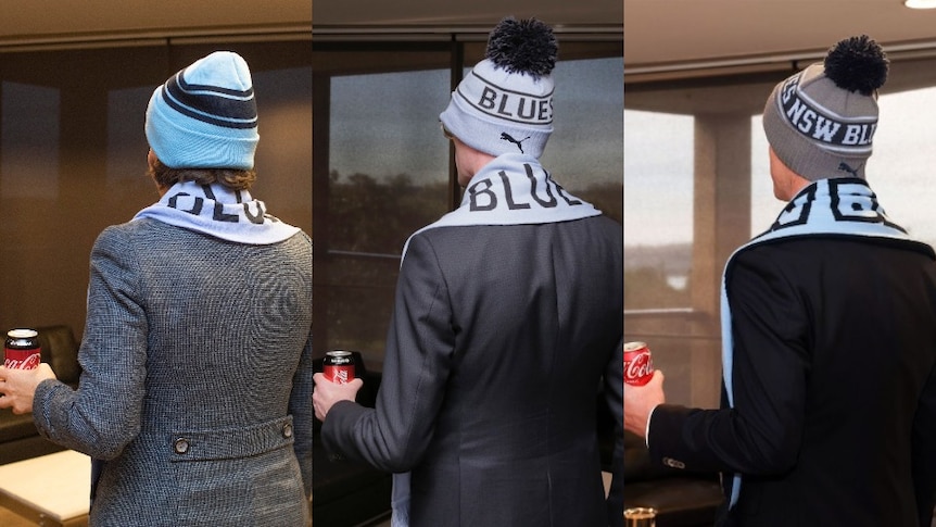 A composite image of three adults, all wearing beanies, with their backs to the camera, holding a can of soft drink