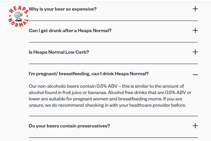 The Frequently Asked Questions section of Heaps Normal's greyish website with black text