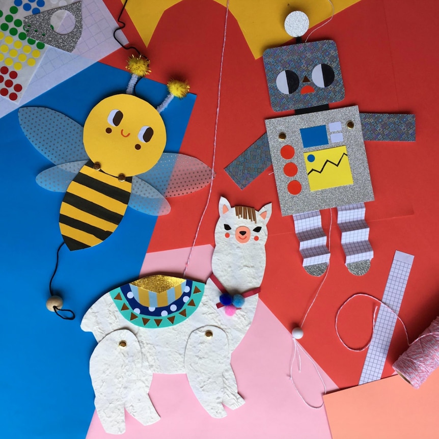 Beci Orpin's iconic craftwork: a bee, robot and llama.