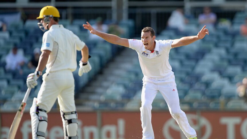 England's Chris Tremlett appeals for the wicket of Ashton Turner against the WA Chairman's XI.