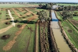 An aerial shot of a water channel on a farm.