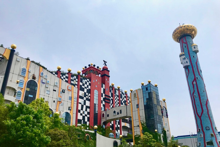 The outdoor of an incineration plant which looks like a theme park