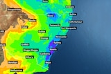 A weather map showing heavy rain forecast over eastern Australia.