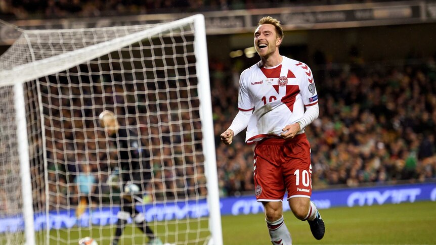 Christian Eriksen celebrates goal for Denmark