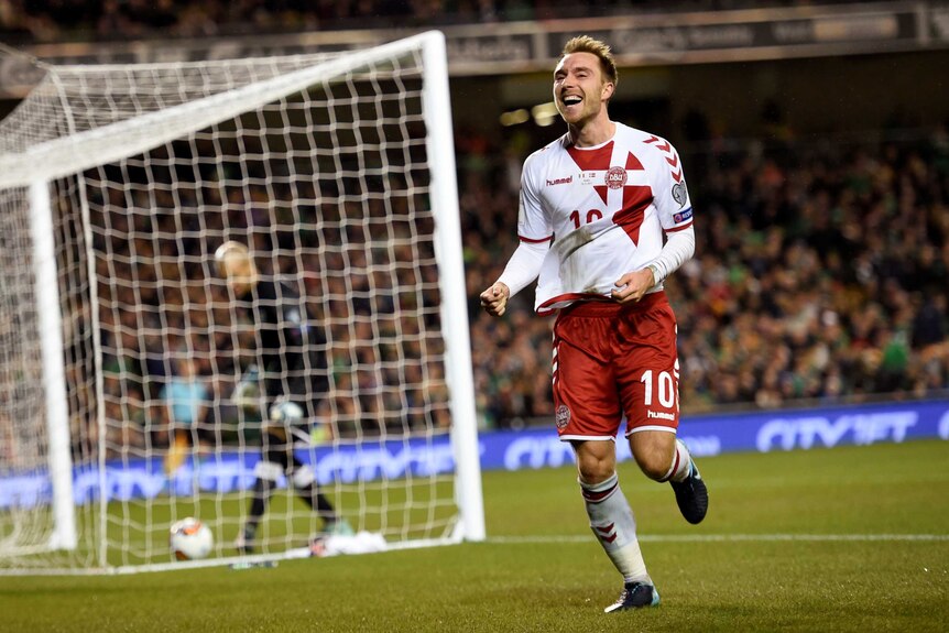 Christian Eriksen celebrates goal for Denmark