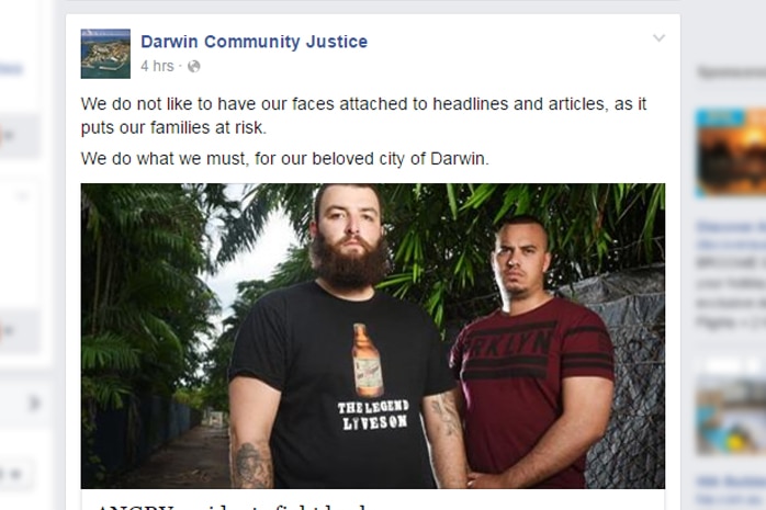 A Facebook post from the Darwin Community Justice 'vigilante' group, with Zac Wild and friend Josh Borell.