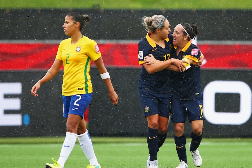 Kyah Simon celebrates goal against Brazil