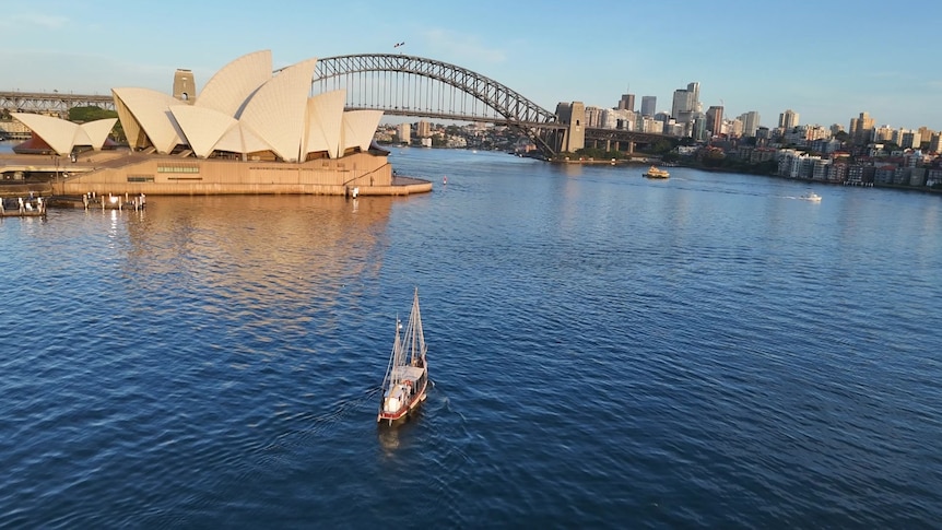 Boat Tribal Warrior navigating Sydney Harbour as the sun rises.
