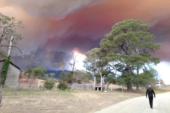 Fire flares in hills with farm building in the foreground in East Gippsland