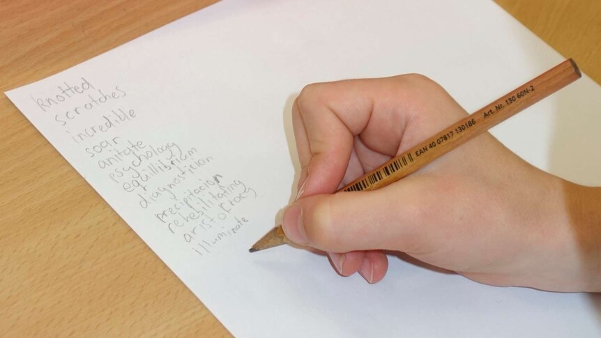 Close up of student writing down words for a spelling test at primary school in Canberra. Good generic. Nov 2013.