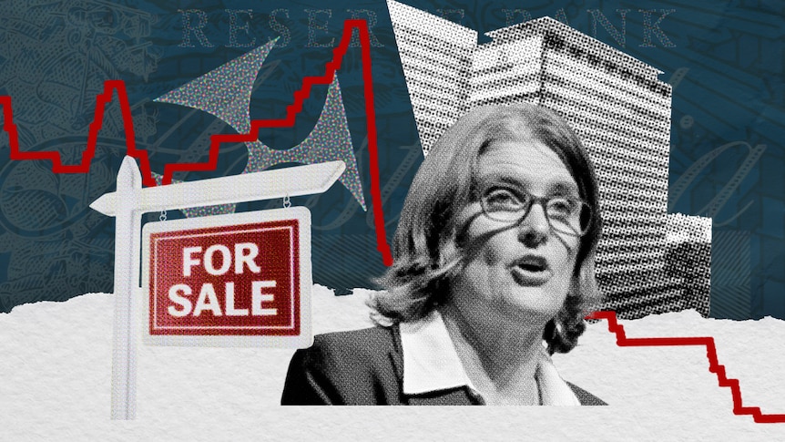 Graphic of Michele Bullock in front of a building and a for sale sign