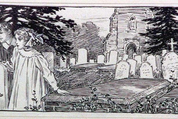 An illustration of two children in a churchyard