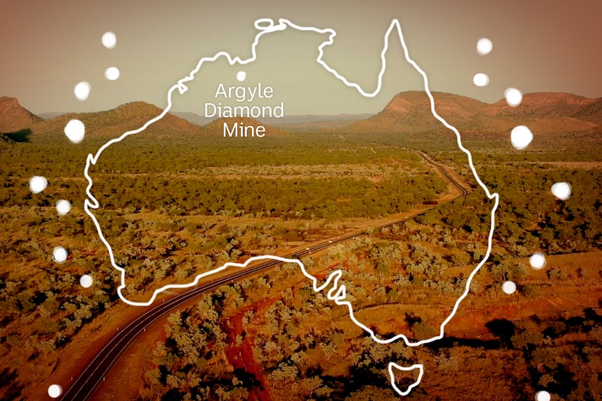 A map of Australia showing the Argyle diamond mine in WA against an aerial backdrop of red rocky outcrops and low trees.
