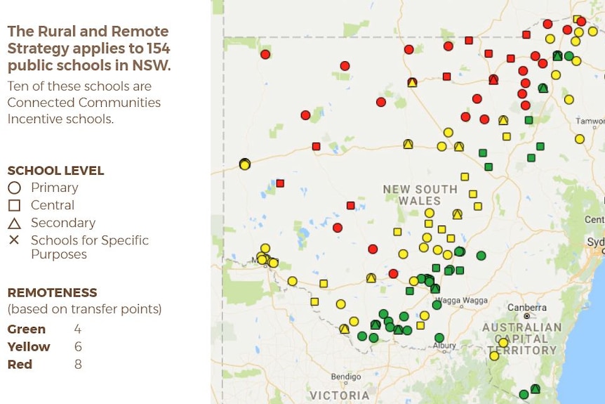 A map of NSW with the sites for new teaching HECs reforms.