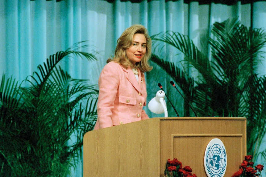 Hillary Clinton addresses the plenary of the UN Fourth World Conference on Women in Beijing, China, held 4-15 September 1995.