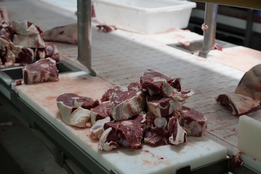 Raw meat on a table in a market