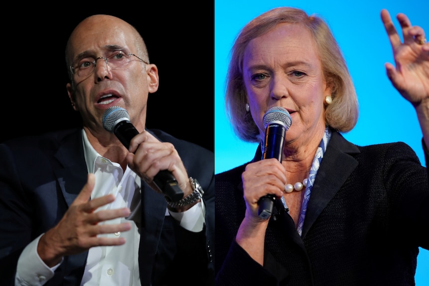 A composite of Jeffrey Katzenberg (left) and Meg Whitman both speaking into microphones at events.