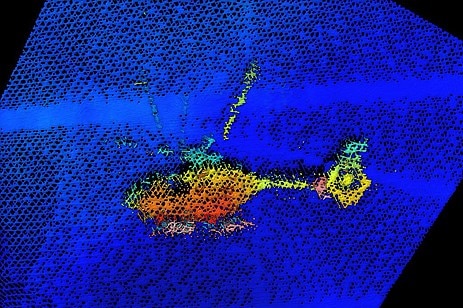 Sonar image of helicopter resting on the seabed