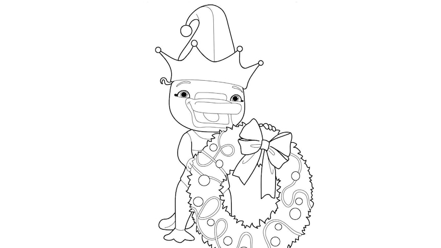 Line drawing of Gemma holding a Christmas wreath