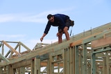 A builder (man) leaning over while standing on the top part of a house frame