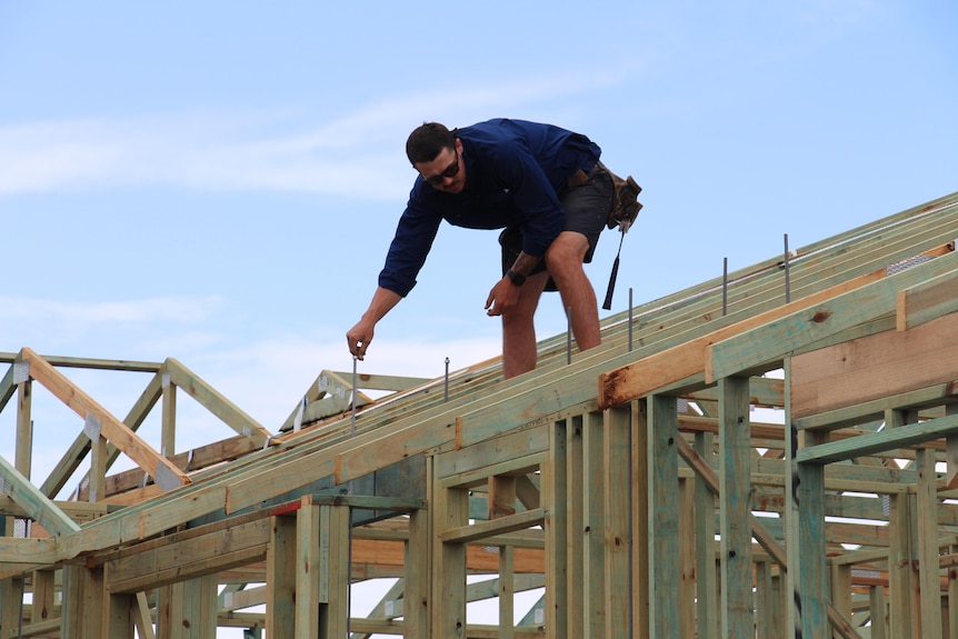 A male builder leaning over while standing on the top part of a house frame, blue skies.