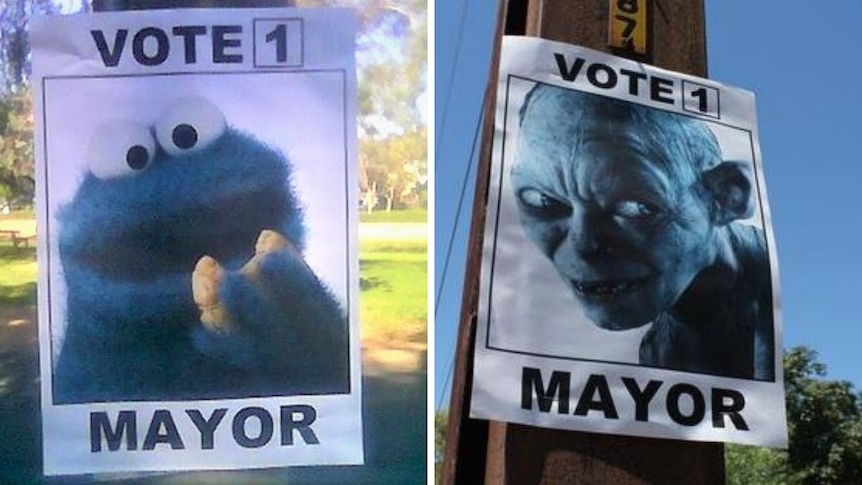 A side-by-side image of cookie monster and also gollam on election posters