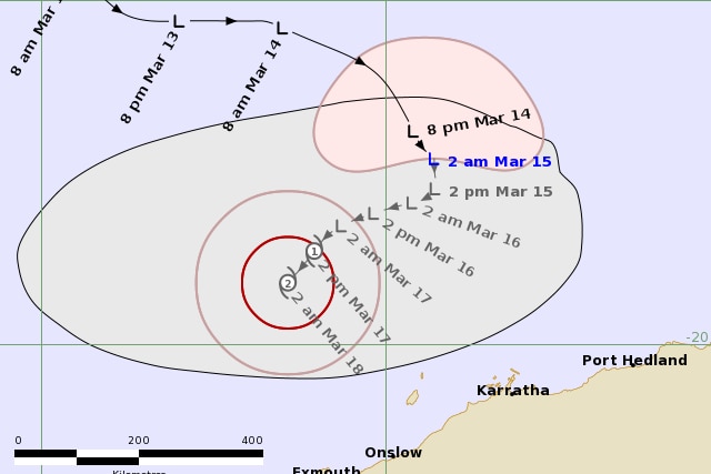 A graphic map of a cyclone forecast track