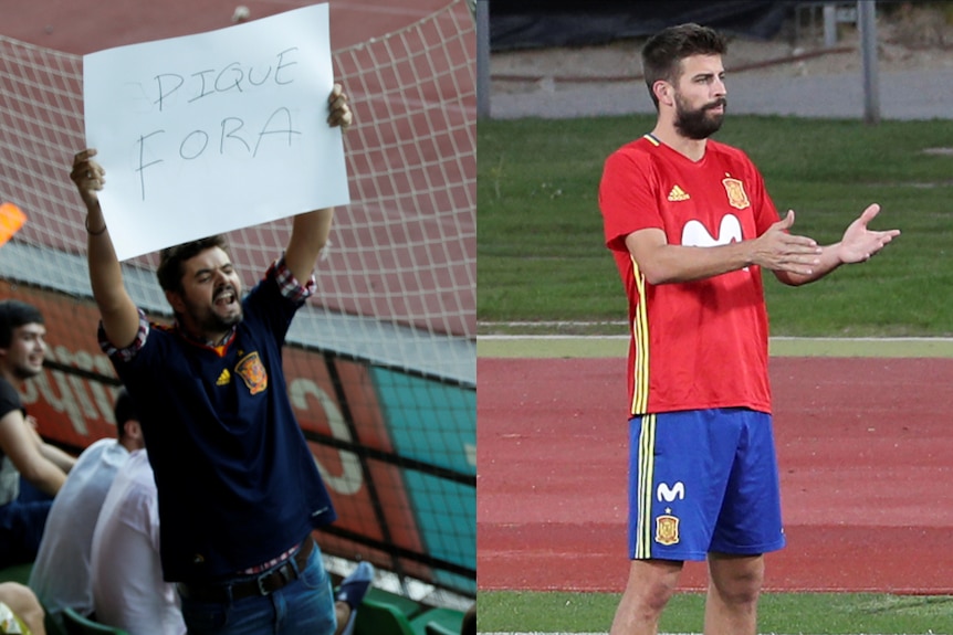 Composite of heckling Spain fan and Gerard Pique