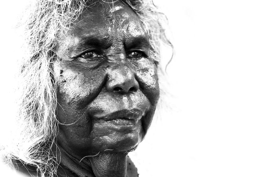 Black and white close up portrait of senior Kaiadilt woman
