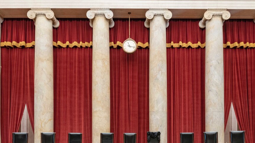 The Supreme Court bench draped for the death of Supreme Court Associate Justice Ruth Bader Ginsburg