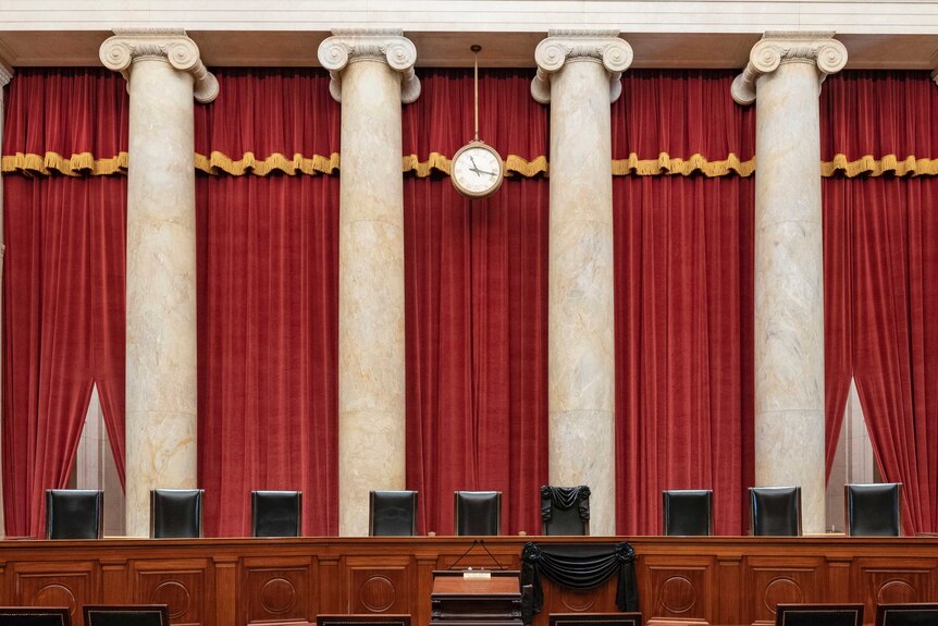 The Supreme Court bench draped for the death of Supreme Court Associate Justice Ruth Bader Ginsburg