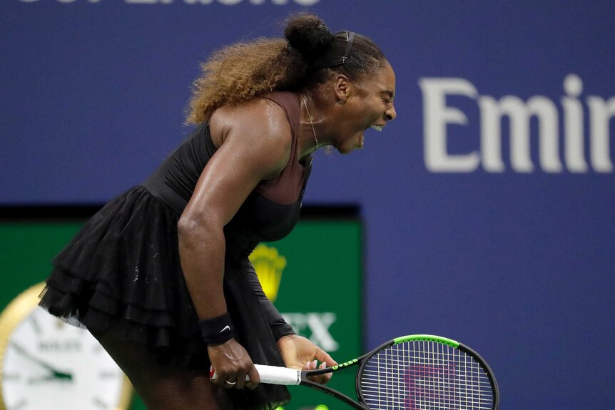 Serena Williams screams out during her first-round win at the US Open.