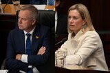 A composite of Jeremy Rockliff sitting in the house of assembly folding his arms and Rebecca White looking off.