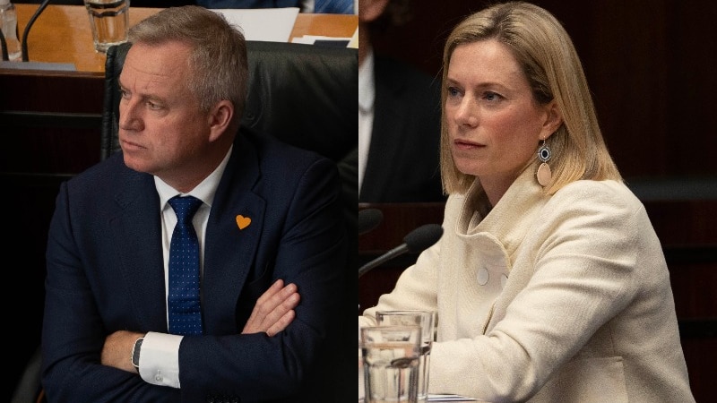 A composite of Jeremy Rockliff sitting in the house of assembly folding his arms and Rebecca White looking off.