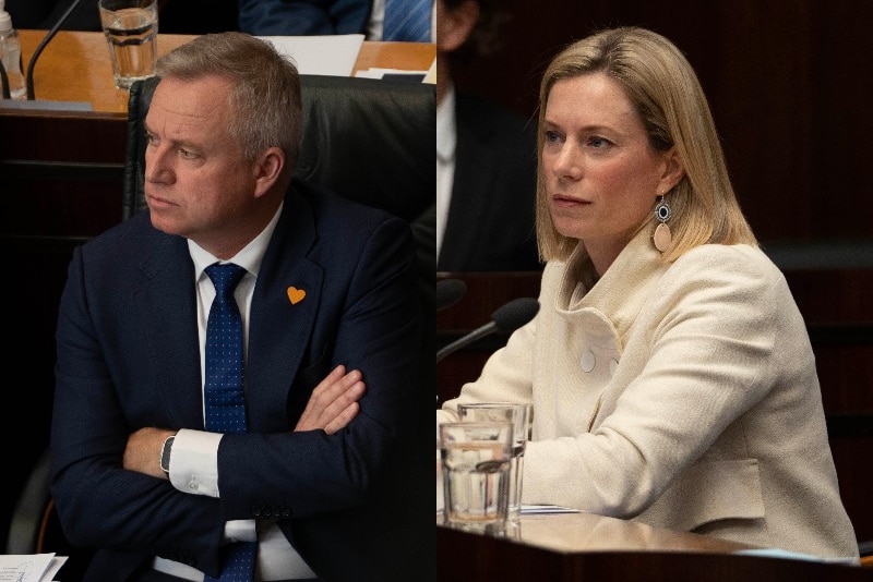 A composite of Jeremy Rockliff sitting in the house of assembly folding his arms and Rebecca White looking off.