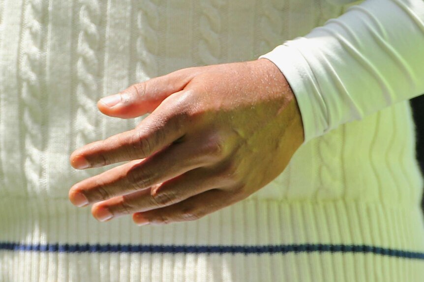 Ouch ... Sangakkara sports some damage to his left finger.